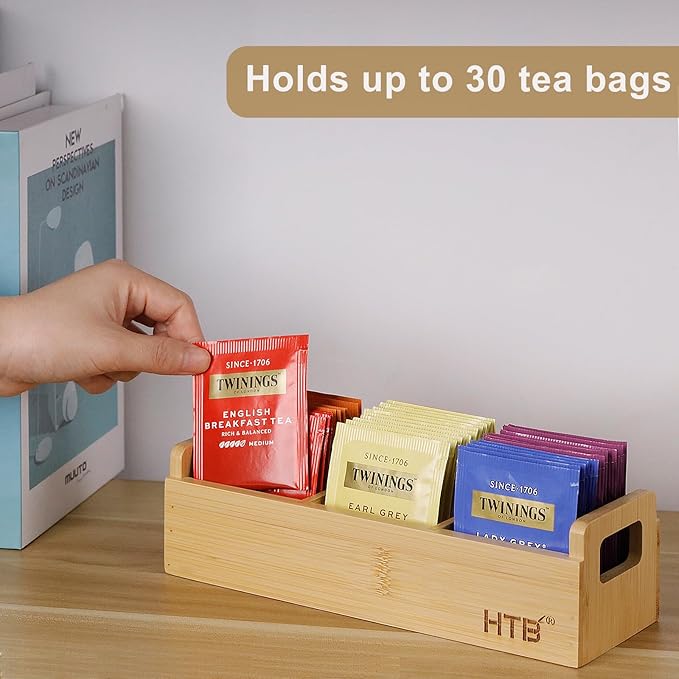HTB Small Tea Bag Holder, Bamboo Tea Organizer 3 Compartments for Beverage Suppliers, Sugar, Sweeteners, Individual Packets, Portable Tea Bag Organizer for Home Kitchen Counter or Office