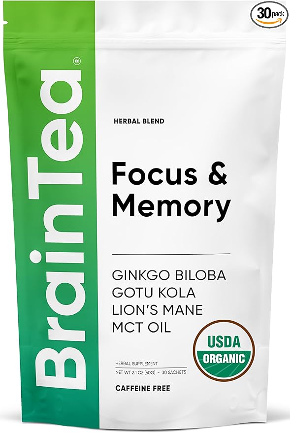 Brain Tea Focus & Memory - Brain Tea Organic Certified 4-in-1 Nootropic Herbal Supplement with Ginkgo Biloba, Gotu Kola, Lion’s Mane Mushroom, MCT Caffeine-Free for Mental Clarity (30 Sachets)