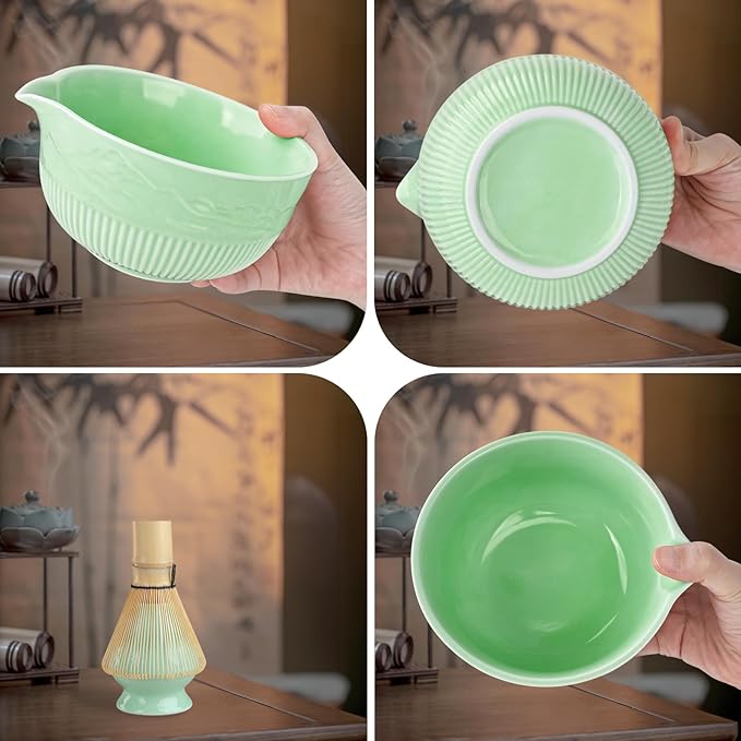 Philorn Matcha Whisk Set, 9Pcs Ceramic Macha Kit, Matcha Set Whisk and Bowl with Spout, Whisks, Holder, Bamboo Scoop, Scoop Rest