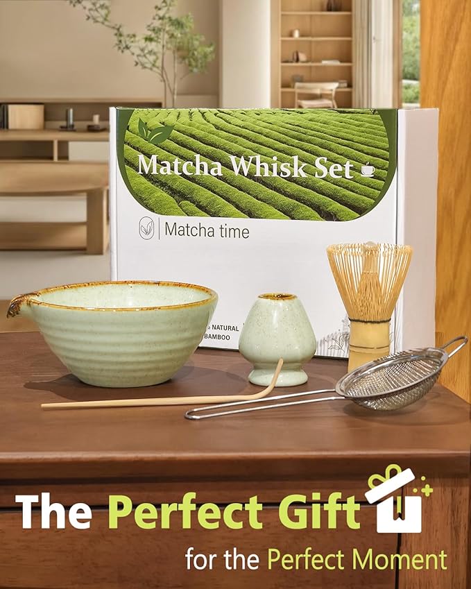 Matcha Whisk Set with Matcha Bowl, Matcha Whisk Holder Matcha Bamboo Whisks, Scoop, Sifter