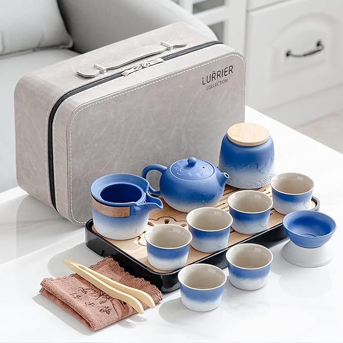 LURRIER Gongfu tea sets, Portable Ceramic TeaSet, Asian Tea sets for adult, Tea Gift sets, Grey leat