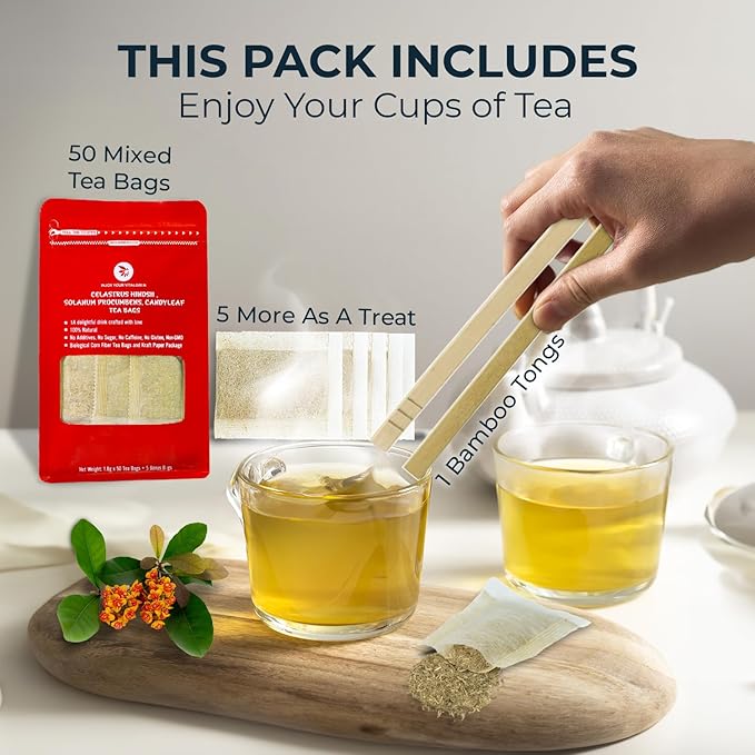 Natural Celastrus Hindsii Tea with Solanum Trilobatum & Stevia - 55 Count (+5 Tea Bags) - 4.59 oz, Bamboo Tong
