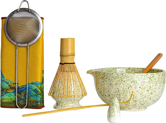 Matcha Whisk Set, Green Speckled Ceramic Matcha Bowl with Spout, Bamboo Whisk & Holder – 8-Piece Making Kit for Home, Yoga & Gifts