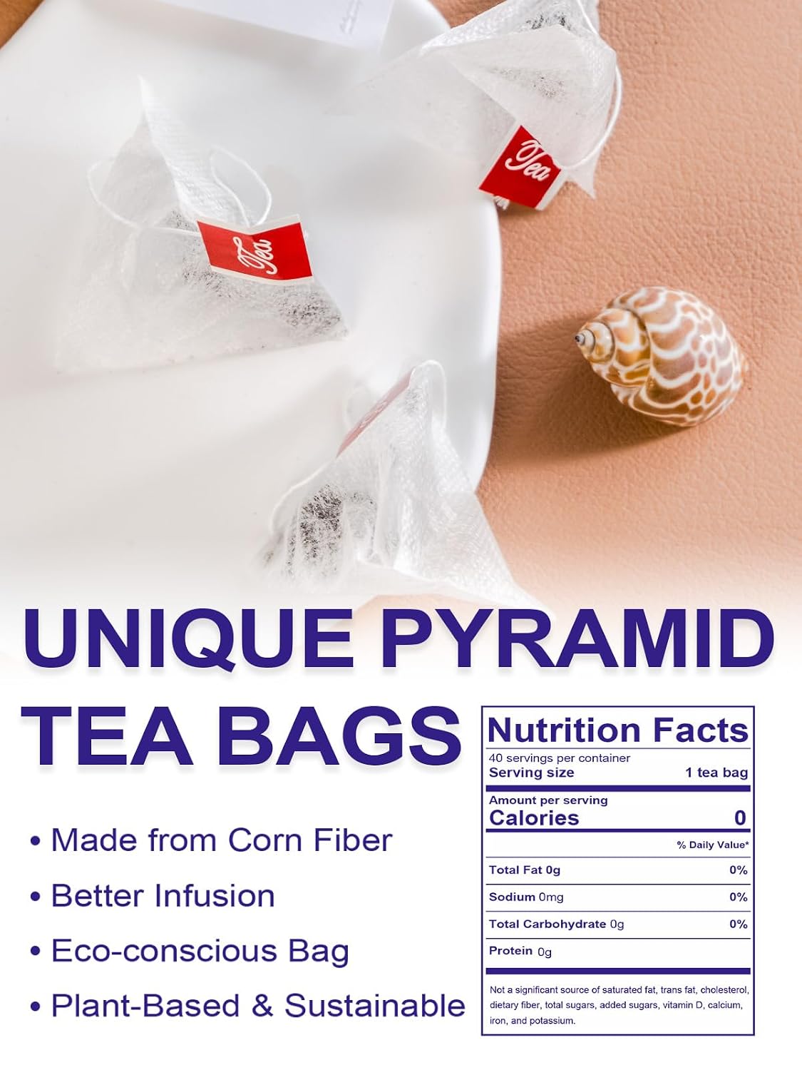 TeeLux Mugwort Tea Bags, Corn Fiber Pyramid Tea Bags, Caffeine Free, 40 ct