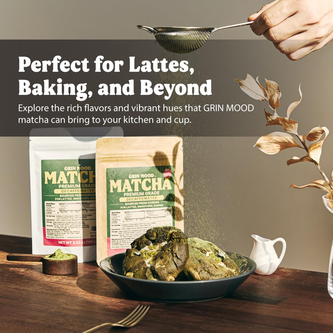 GRIN MOOD Matcha Powder - Organic Green Tea Powder - Decaffeinated Green Tea, Authentic Korean Matcha, Halal (3.53oz, Premium Grade)