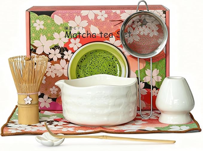 Matcha Whisk Set––7pcs Japanese Matcha Set Kit with Matcha Bowl, Bamboo Whisk, Whisk Holder, Scoop, 