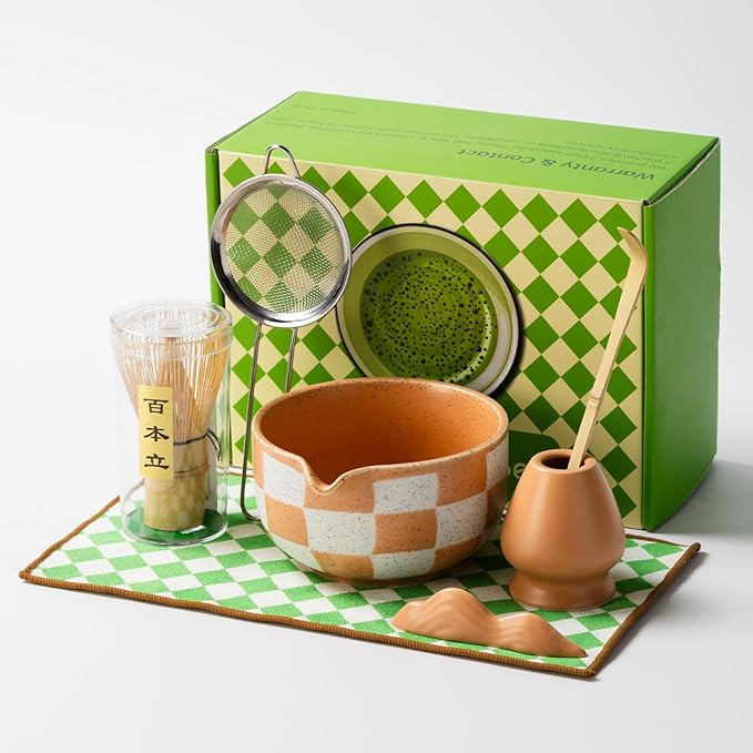 Premium 7-Piece Matcha Tea Set – Traditional Japanese Style with Elegant Grid Pattern, Includes Bamboo Whisk, Ceramic Bowl, Scoop & More