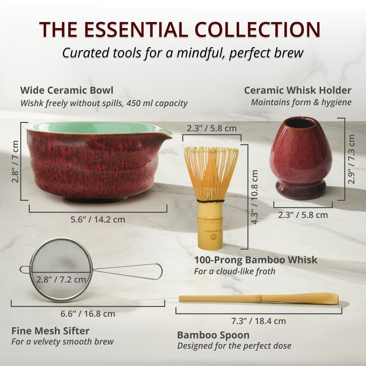 MATCHAURA Premium Matcha Whisk Set with Spouted Ceramic Bowl – 5-Piece Matcha Kit with Bamboo Whisk, Holder, Sifter & Scoop –