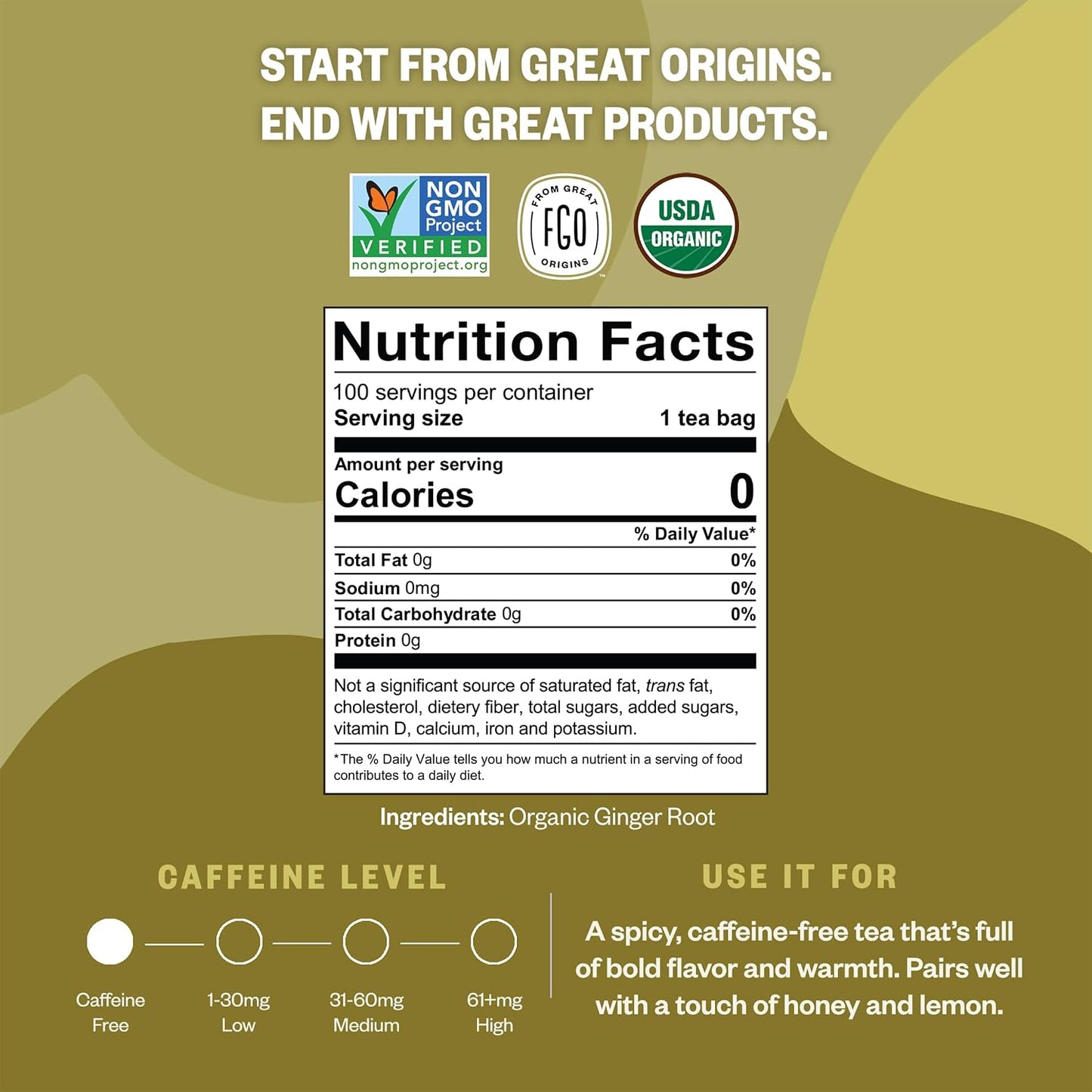 FGO Organic Ginger Tea, 100 Count, Eco-Conscious Tea Bags, Resealable Bag, Packaging May Vary (Pack of 1)