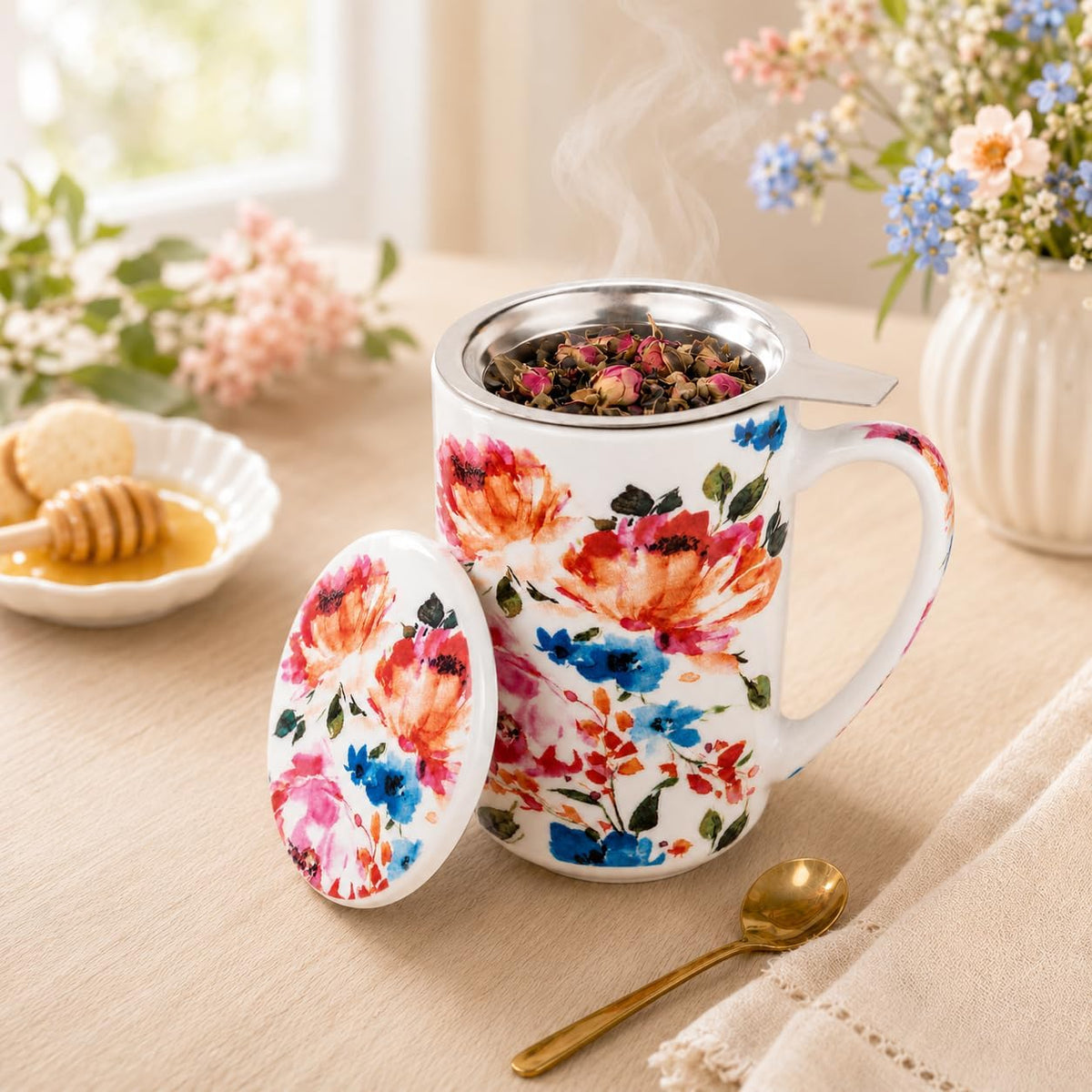 GBhome Tea Mug with Infuser and Lid,18 oz Loose Leaf Tea Cup with Steeper