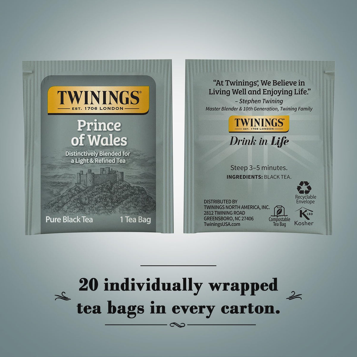 Twinings Prince of Wales Tea – A Light & Velvety Smooth Caffeinated Black Tea, Individually Wrapped Tea Bags, 20 Count (Pack