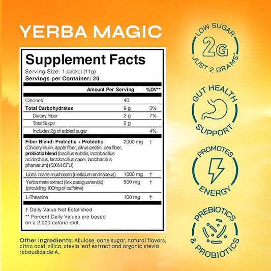Yerba Magic – Yerba Mate Instant Tea Sticks with Nootropics, Prebiotics & Probiotics – Clean Energy, Mental Clarity & Gut Wellness | Low Sugar, Natural Caffeine – Pina Colada Flavor, 20 Pack