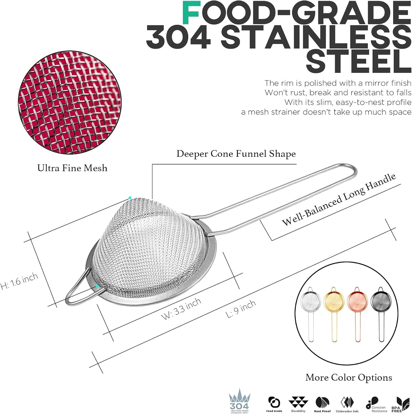 Homestia 2 Pack Stainless Steel Fine Mesh Strainer, Sieve Sifter For Tea