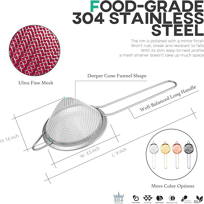 Homestia 2 Piece 3.3" Fine Mesh Strainer for Kitchen, 304 Stainless Steel Cocktail Sieve Sifters for Food, Liquid Strainer for Drinks, Tea, Coffee