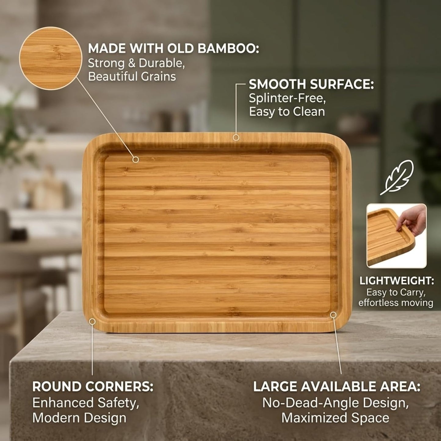 Bamber Large Size Bamboo Serving Tray, Rectangular, 15.5 x 11.8 x 0.8 Inches
