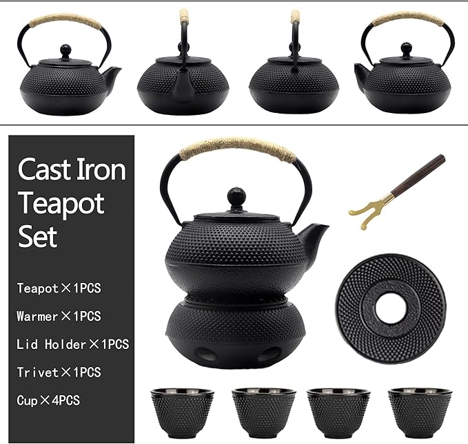 30.4oz Small Cast Iron Teapot Set with Candle Warmer, Japanese Tea Kettle for Stovetop Safe, Black Teapot and Tea Cup Set, Tea Pot with Strainer for Loose Leaf(900ml)