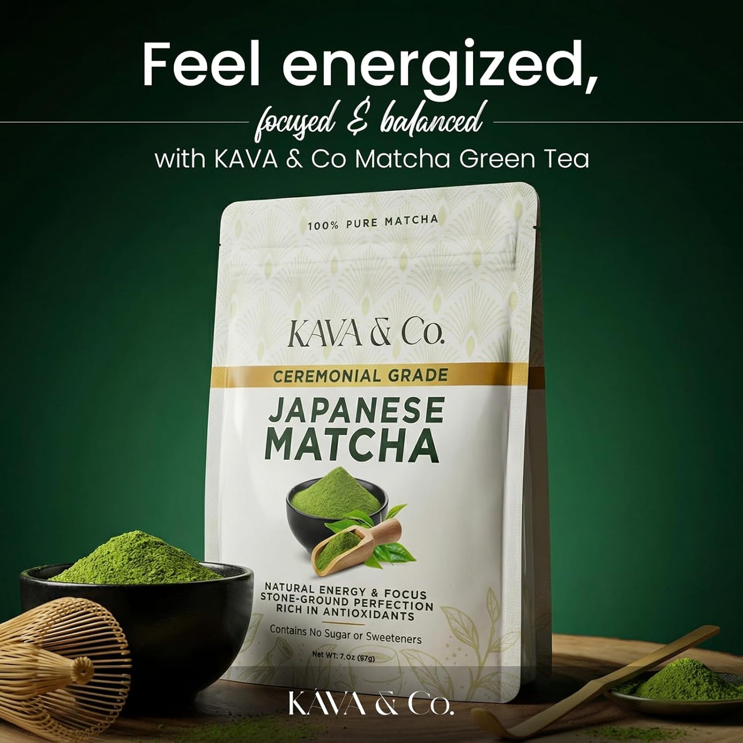 Kava and Co Ceremonial Matcha - Premium Japanese Green Tea - Authentic Stone Ground Matcha Powder - Shade Grown Leaves for Natural Energy - Jitter Free Antioxidant Superfood for Lattes and Smoothies