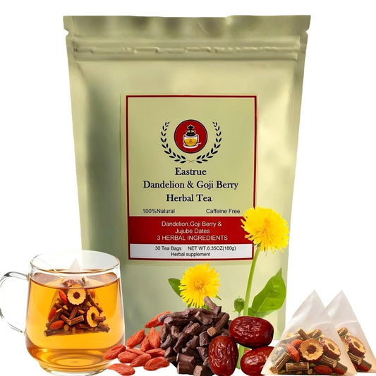 Eastrue Dandelion Root Tea Blend Goji berry &amp; Jujube - 6g x 30 Teabags | Detox Tea for Kidney &amp; Liver cleanse -Dandelion Herbal Tea for Digestion &amp; Immunity,Caffeine Free,Organic