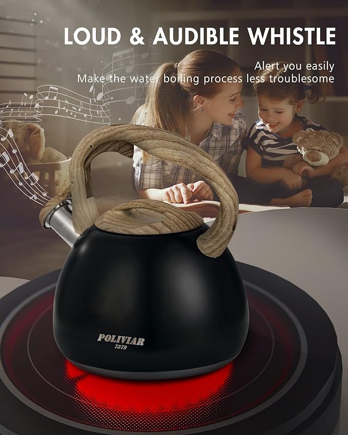 Poliviar Tea Kettle, Black Ti Stovetop Tea Kettle 2.7 Quart, Audible Whistling Teapot, Food Grade Stainless Steel for Anti-Rust and Anti Hot Handle
