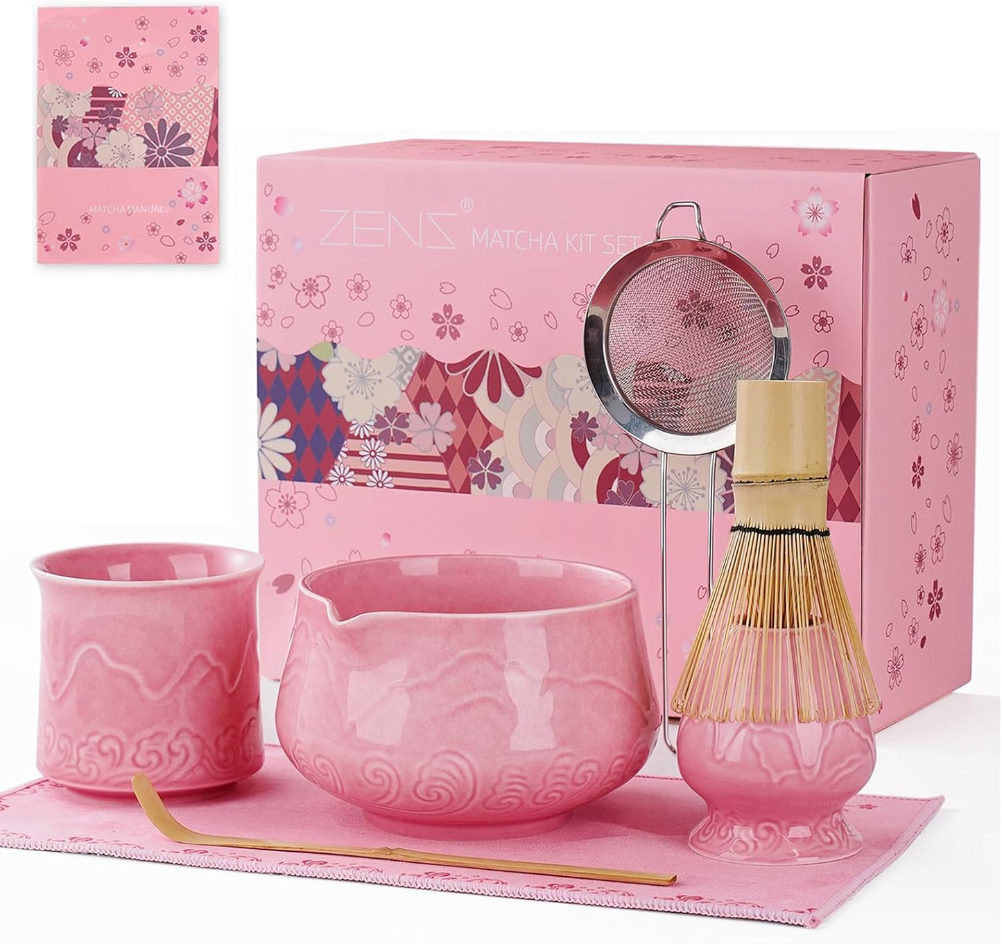 ZENS Premium Matcha Whisk Set with Blooming Cup, 7pcs Matcha Set, Pink | Ceramic Matcha Kit Icludes Ceramic Bowl, Bamboo Whisk, Chasen Holder, Scoop, 304 Sifter and Tea Mat, Matcha Lovers Gifts