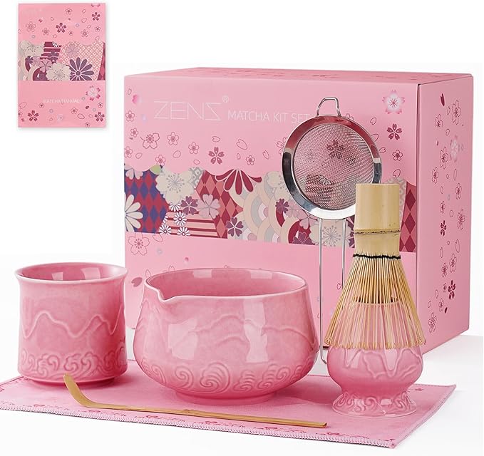 ZENS 7pcs Matcha Set, Matcha Whisk Set Includes Pink Bowl and Cup for Bamboo Whisk, (Chasen Holder), Scoop, 304 Sifter and Tea Mat, Pink Matcha Kit for Matcha Lovers