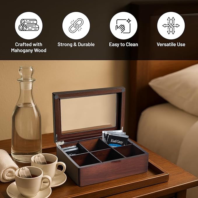 Bey-Berk Custom Engraved Mahogany Tea Storage Chest with Glass Lid – 6-Compartment Box for Tea Bags & Accessories