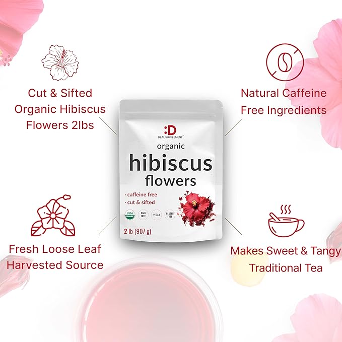 Dried Organic Hibiscus Flowers, 2 Pounds – Cut & Sifted Whole Leaves – Loose Leaf Flower Source – Raw Flavor & Aroma, Great for Refilling Tea Bags – Caffeine Free, No Sugar, Non-GMO