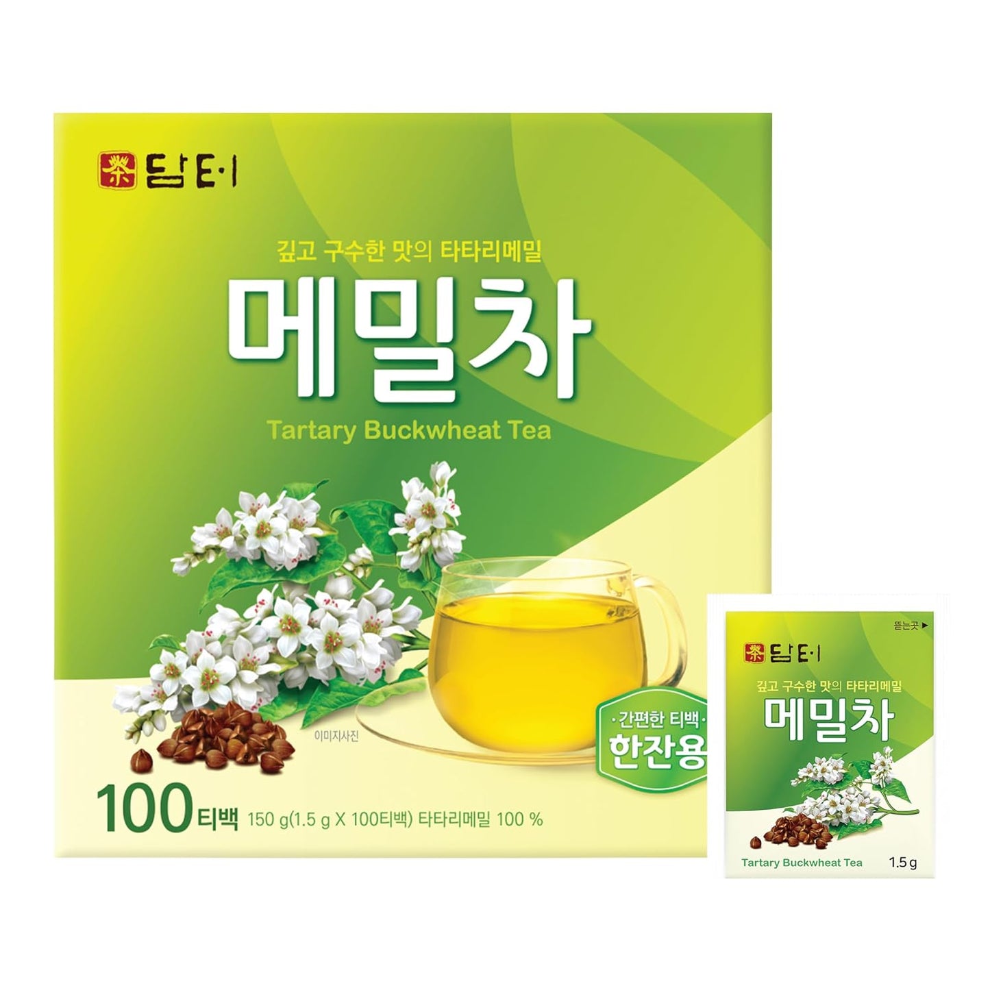 Damtuh Korean Roasted Buckwheat Tea Bags, Caffeine-Free, 100 Count | Nutty, toasty, mildly sweet; 100 percent roasted tartary buckwheat; 100 individually wrapped 1.5 g bags