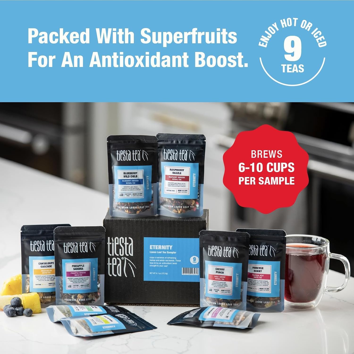 Tiesta Tea - Eternity Sampler Dry Flight Set, Loose Leaf, High to No Caffeine, Makes Hot & Iced, Assorted Tea Sets with Herbal, White, Fruit Blends & More, 9 Resealable Sample Pouches