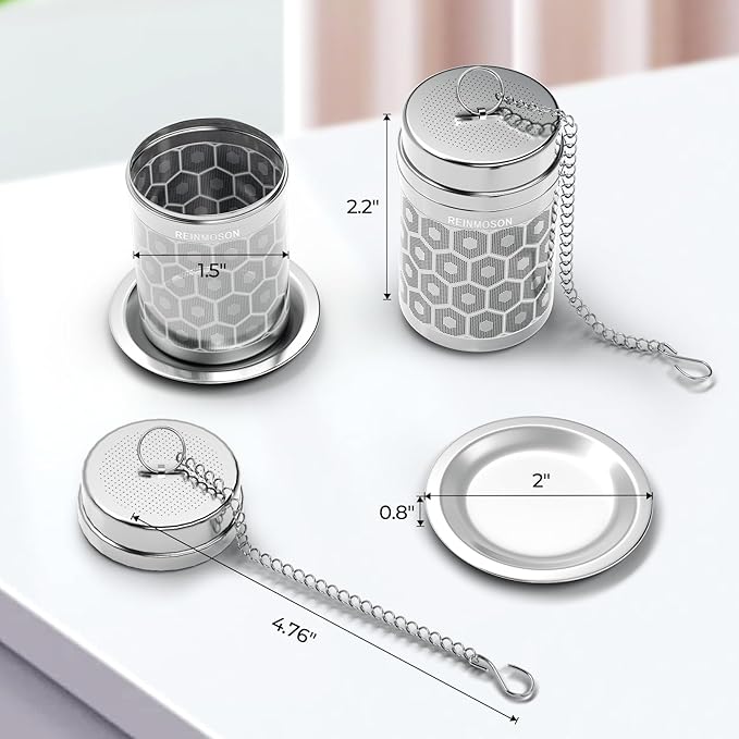 2 Pack Reinmoson Tea Strainers for Loose Tea, Extra Fine Mesh Tea Infuser, 304 Stainless Steel & Updated Slim Threaded Lid