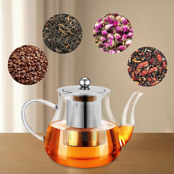 Glass Teapot 28oz/800ml with Removable Infuser, Borosilicate Clear Tea Kettle, Stovetop Safe Tea Kettle Blooming Loose Leaf Teapots, for Camping
