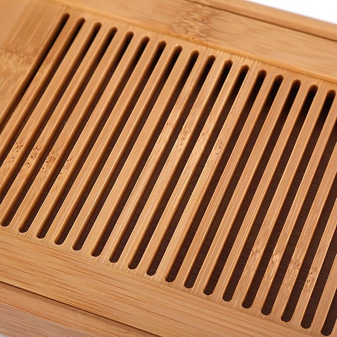 Bamboo Tea Tray with Water Storage Drainage Drawer, Chinese Gongfu Tea Serving Tray, Portable Detachable Tea Set for Home Office Bar, 27 x 14 x 3cm