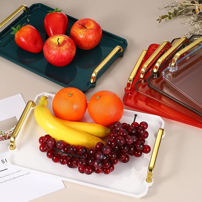 uxcell Plastic Serving Tray with Golden Handle, 12 x 8.6 Modern Rectangular Decorative Tray Acrylic Reusable Tea Platter for Countertop Bathroom Kitchen Home Restaurant, Grey