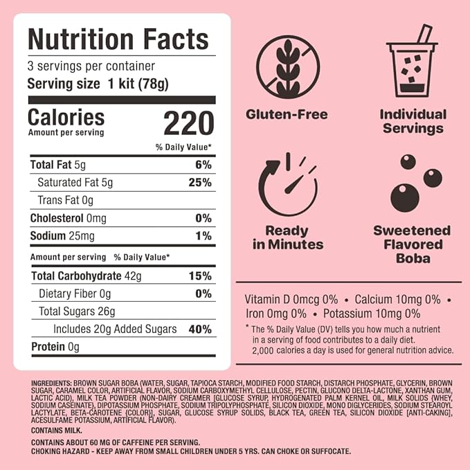 YULU FOODS Instant Bubble Pearl Classic Milk Tea Kit with Authentic Brown Sugar Tapioca Pearls, Ready in Under One Minute, Paper Straws Included – 3 Servings