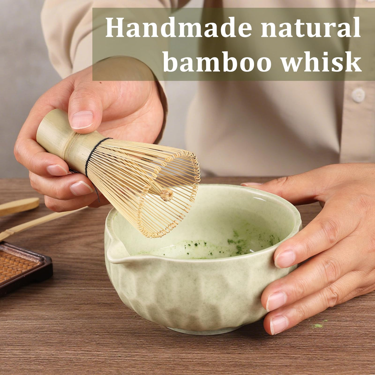 Boosolo Matcha whisk Set,Japanese Matcha Set,Matcha Bowl with Spout,Matcha Whisk and Holder,Bamboo Scoop,Sifter - 6 Pcs Tea