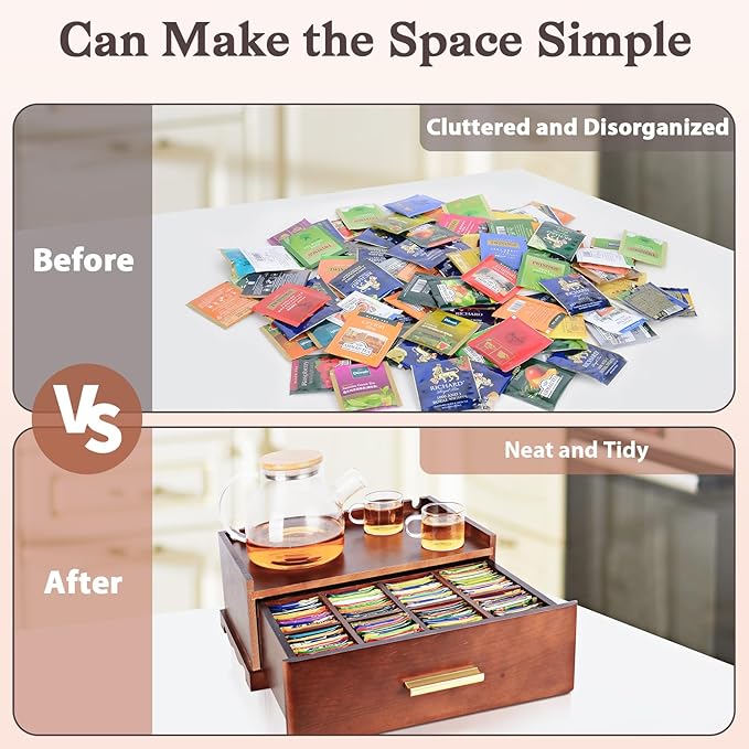 Tea Bag Organizer, Tea Organizers and Storage, Tea Box Organizer Storage Box, Tea Station Organizer for Countertop, Tea Caddy for Wood Tea Holder Organizers for Removable Drawer (Brown)