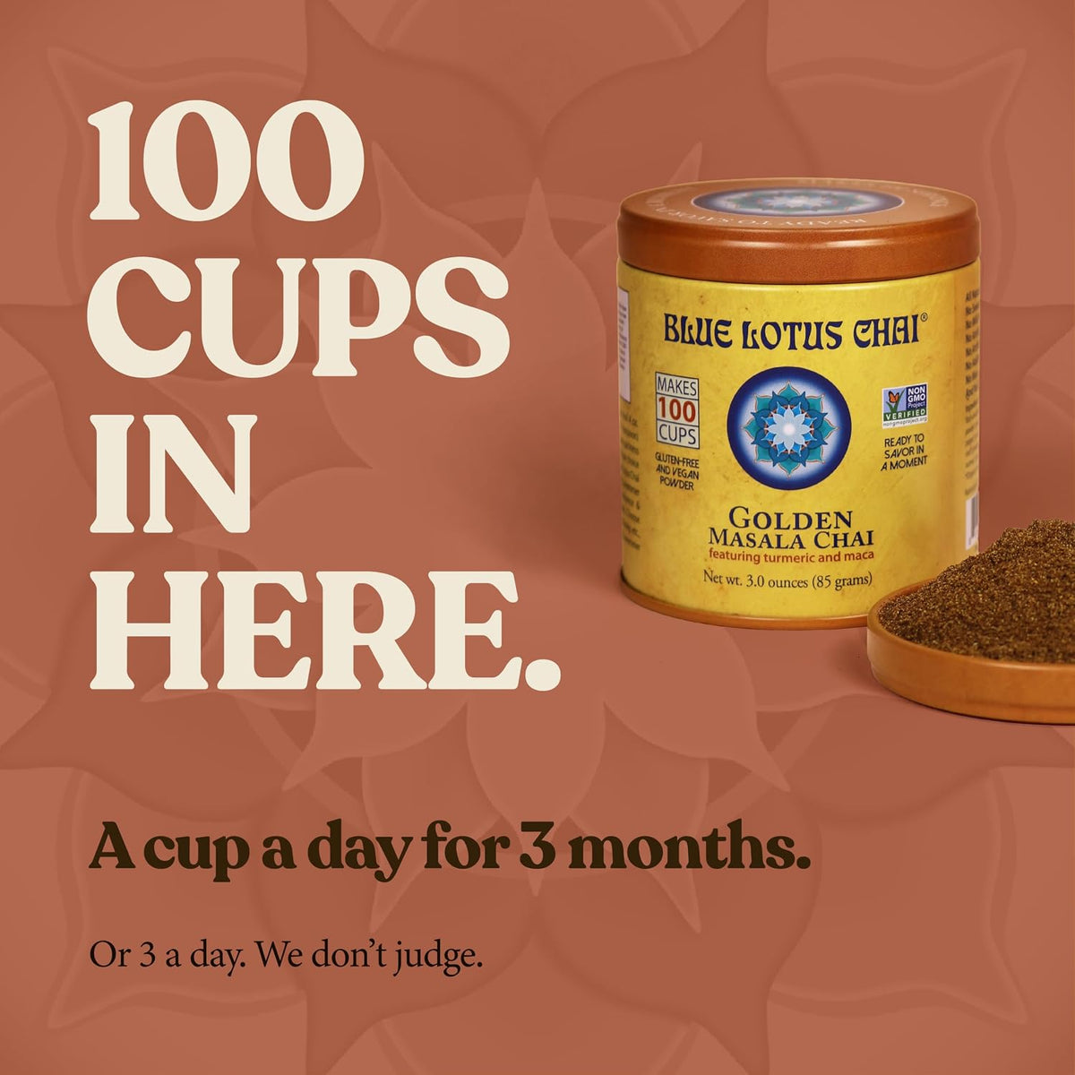 Blue Lotus Chai - Golden Masala Flavor Chai - Makes 100 Cups - 3 Ounce Masala Spiced Chai Powder with Organic Spices - Instant Indian Tea No Steeping - No Gluten