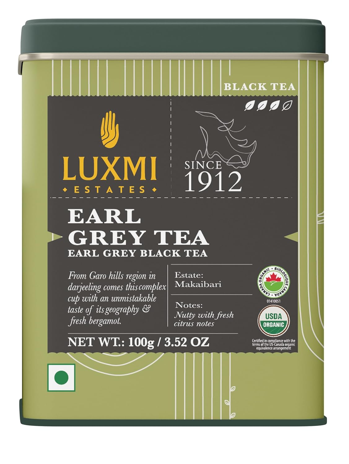 Luxmi Estates Garo Hills Earl Grey Tea 100gm Tin | Certified Organic Black Tea