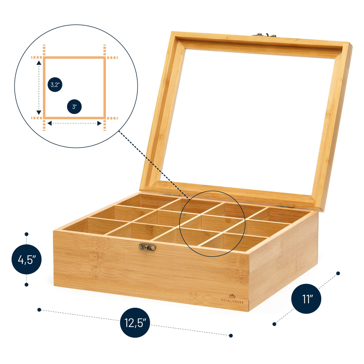 RoyalHouse Natural Bamboo Tea Storage Organizer, Clear Acrylic Top, 12 Compartments