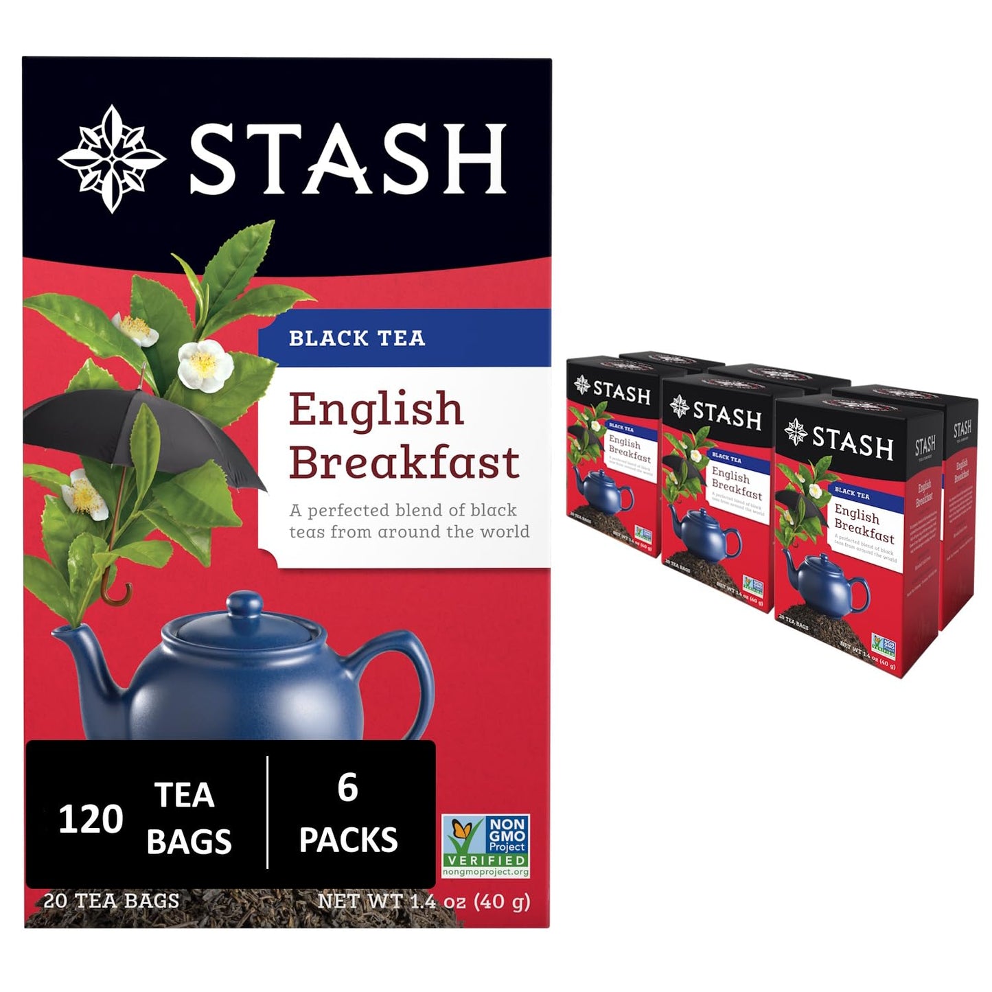 Stash Tea English Breakfast Black Tea - Caffeinated, Non-GMO Project Verified Premium Tea with No Artificial Ingredients, 20 Count (Pack of 6)