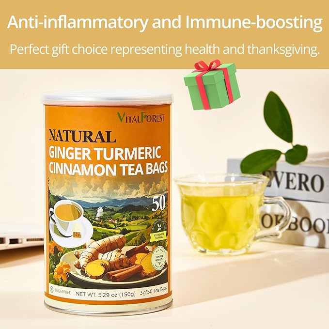 50 Premium Turmeric Ginger Cinnamon Tea Bags, Vitalforest Natural Ginger Tea Bags, Pure Turmeric Tea, Herbal Cinnamon Tea, Supports Digestion