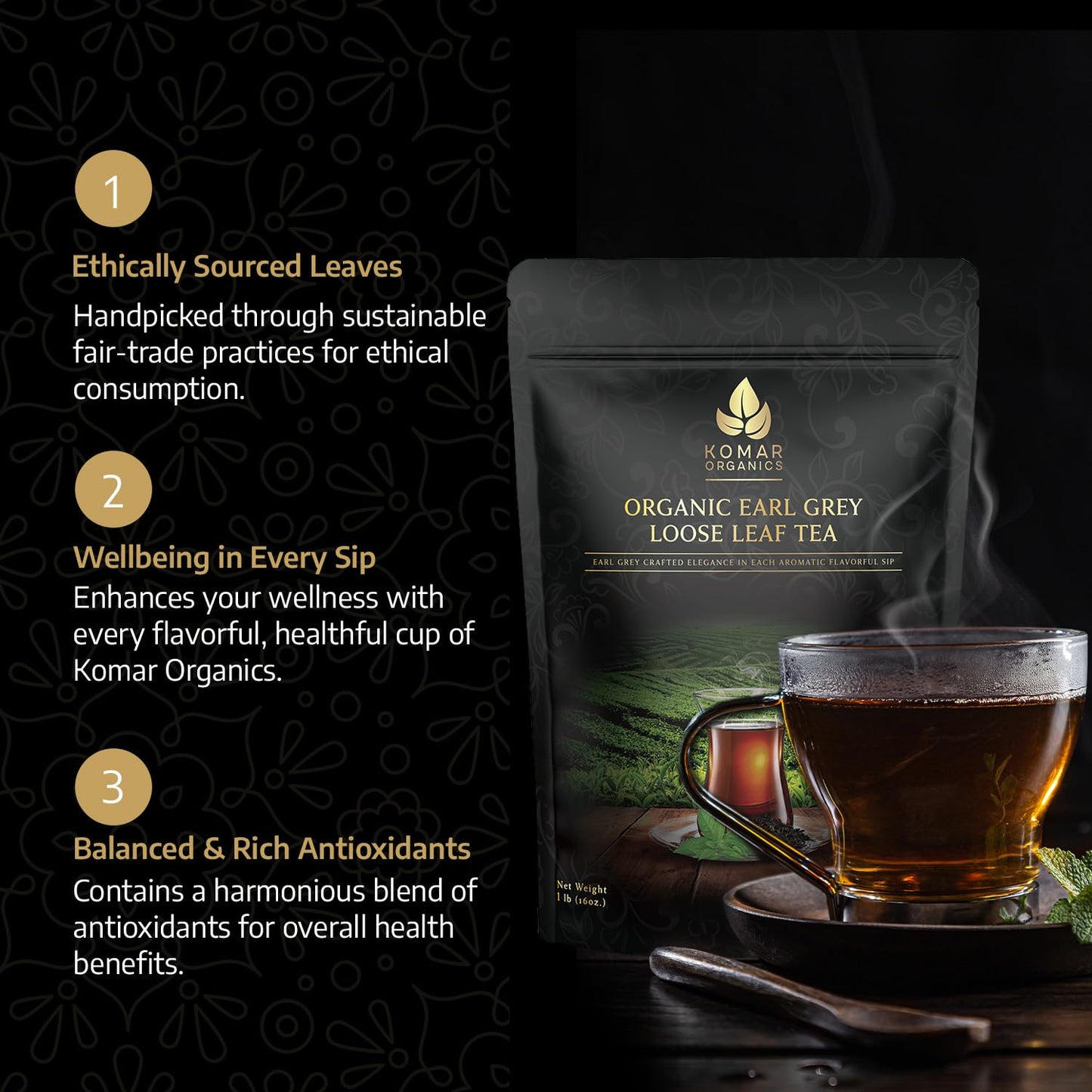 Komar Organics Earl Grey Tea Loose Leaf - 16 Oz USDA Organic, Certified Kosher 1 LB Black Tea Infused With Natural Oil and Bergamot