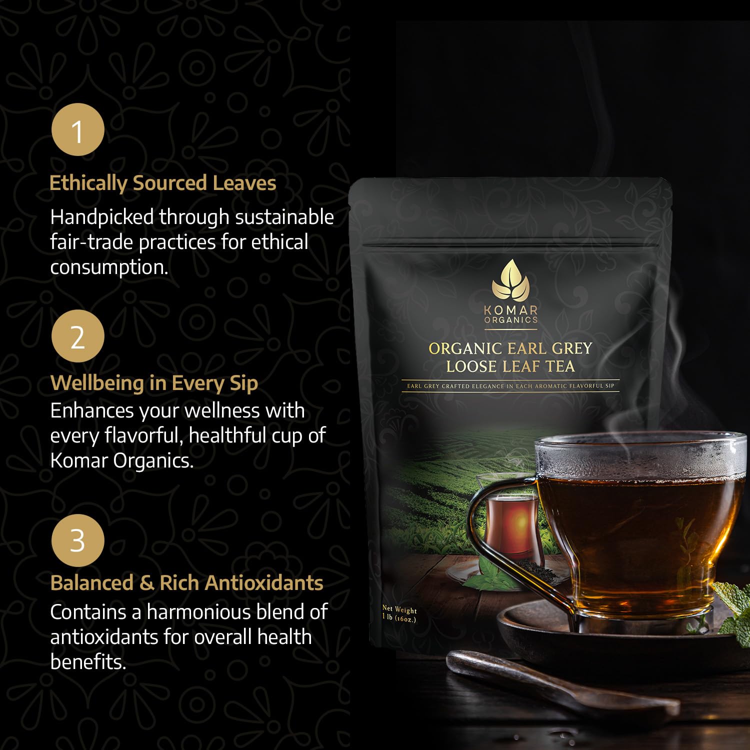 Komar Organics Earl Grey Tea Loose Leaf - 16 Oz USDA Organic, Certified Kosher 1 LB Black Tea Infused With Natural Oil and Bergamot