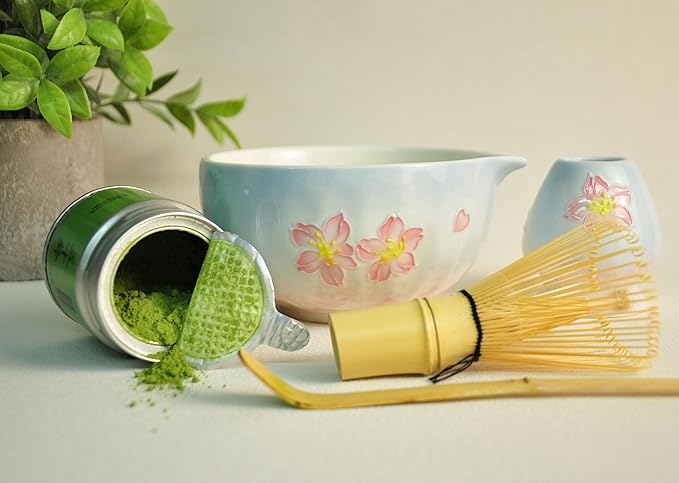 Matcha set with tray 8pcs, Japanese Matcha Kit includes Ceramic Matcha Bowl, Bamboo Matcha Whisk (Chasen), Whisk Holder, Macha Scoop(Chashaku)