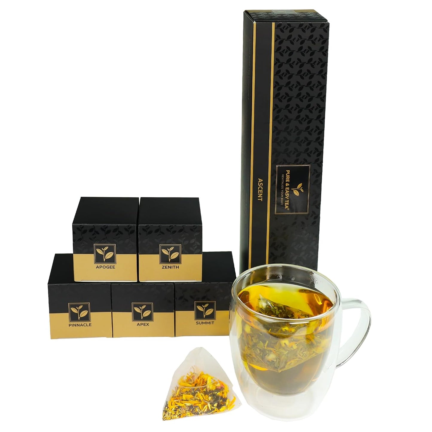 Pure And Easy Tea, Ascent Premium Tea Flight Sampler, 15-Count Whole-Leaf Variety of Naturally Caffeinated Blends, Designed for Focus &amp; Clean Energy, BPA-Free Pyramid Tea Bags, Gift Box (52.5g)
