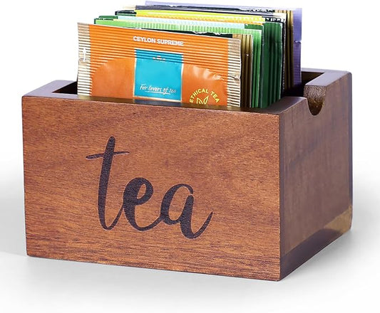 Acacia Sugar Packet Caddy for Coffee Bar, Farmhouse Wood Sugar Holder Packets, Sugar Packet Container, Small Tea Bag Organizer for Office Table,Hotel