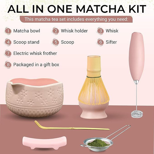 Matcha Whisk Set with Matcha Bowl - Matcha Set Included Electric Frother, Bamboo Whisk, Matcha Spoon, Bamboo Holder, Sifter, Spoon Stand (Blossom Pink)