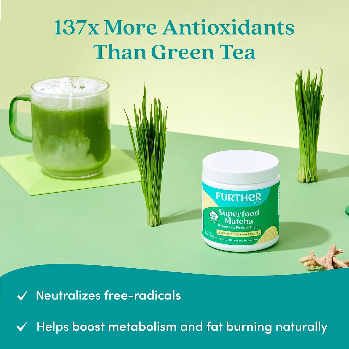 Further Food Superfood Matcha Powder, USDA Organic Japanese Matcha | With Ashwagandha, Ginger, Wheatgrass &amp; Cordyceps, Brain Boosting Energy &amp; Detox Tea, 2.65 Oz