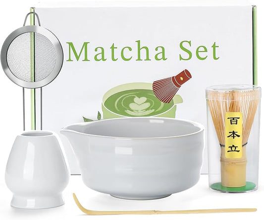 White Matcha Whisk Set - 5PCS Matcha Set Includes 17OZ Chawan with Spout, Bamboo Chasen Whisk with Ceramic Holder, Mat cha Scoop and Stainless Sifter, Matcha Kit for Ceremony, Gift for Matcha Lovers
