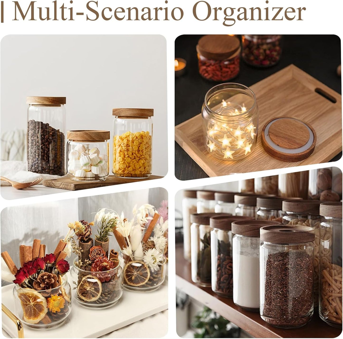 Glass Jars with Airtight Wood Lids - 11 oz Mini Kitchen Pantry Storage Containers, Stackable Decorative Canisters for Chia Seed, Sugar, Tea, Spice, Salt, Matcha, Nuts, Sauce, Cocoa powder, Set of 2